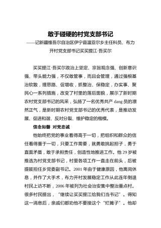 敢于碰硬的村党支部书记——记新疆维吾尔自治区伊宁县温亚尔乡主任科员、布力开村党支部书记买买提江·吾买尔