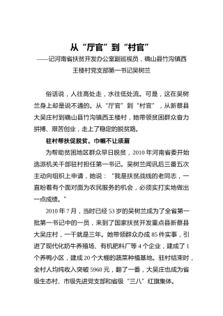 从“厅官”到“村官”——记河南省扶贫开发办公室副巡视员，确山县竹沟镇西王楼村党支部第一书记吴树兰