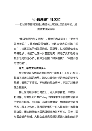 “小巷总理”社区忙——记长春市宽城区团山街道长山花园社区党委书记、居委会主任吴亚琴