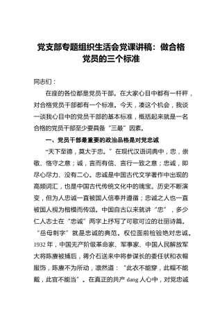 党支部专题组织生活会党课讲稿：做合格党员的三个标准