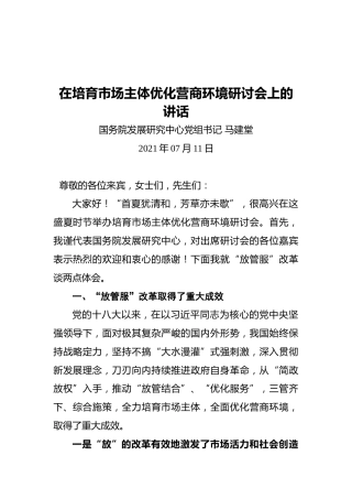在培育市场主体优化营商环境研讨会上的讲话