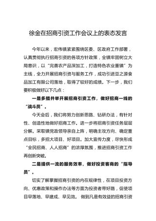 徐金在招商引资工作会议上的表态发言【乡镇】