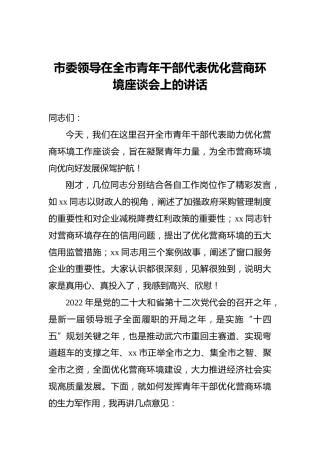 市委领导在全市青年干部代表优化营商环境座谈会上的讲话