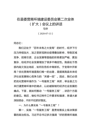 马华：在县委营商环境建设委员会第二次全体（扩大）会议上的讲话(1)