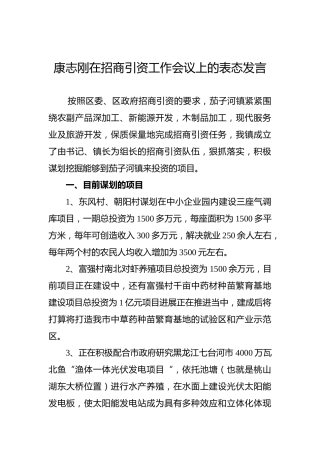 康志刚在招商引资工作会议上的表态发言【乡镇】