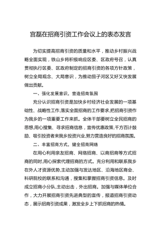 宫磊在招商引资工作会议上的表态发言【乡镇】