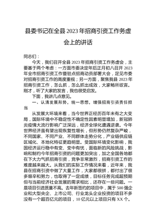 县委书记在全县2023年招商引资工作务虚会上的讲话
