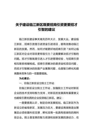 关于建设临江新区既要招商引资更要招才引智的建议