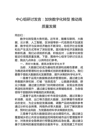 中心组研讨发言：加快数字化转型推动高质量发展