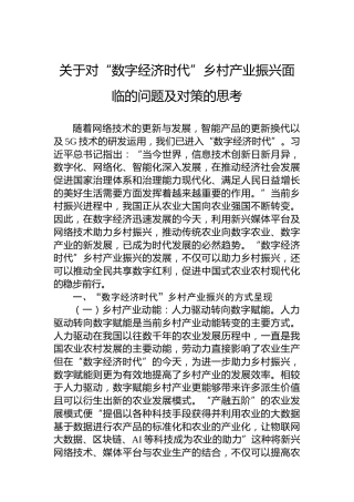 关于对“数字经济时代”乡村产业振兴面临的问题及对策的思考