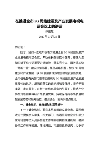 张建慧：在推进全市5G网络建设及产业发展电视电话会议上的讲话