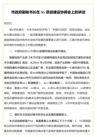市政府副秘书长在5G项目建设协调会上的讲话