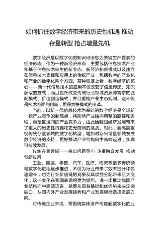 如何抓住数字经济带来的历史性机遇推动存量转型抢占增量先机