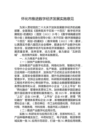 怀化市推进数字经济发展实施意见