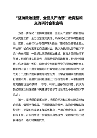 坚持政治建警全面从严治警教育整顿交流研讨会发言稿