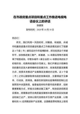 张建慧：在市政府重点项目和重点工作推进电视电话会议上的讲话(1)