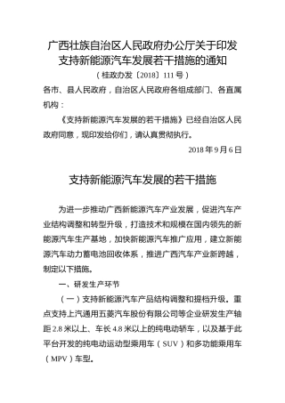 广西壮族自治区人民政府办公厅关于印发支持新能源汽车发展若干措施的通知