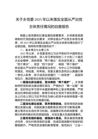 关于乡党委2025年以来落实全面从严治党主体责任情况的自查报告