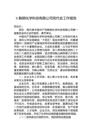 X鞍钢化学科技有限公司党代会工作报告