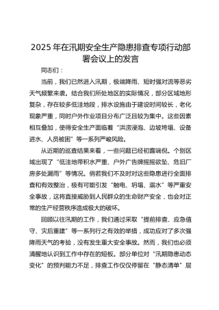 2025年在汛期安全生产隐患排查专项行动部署会议上的发言
