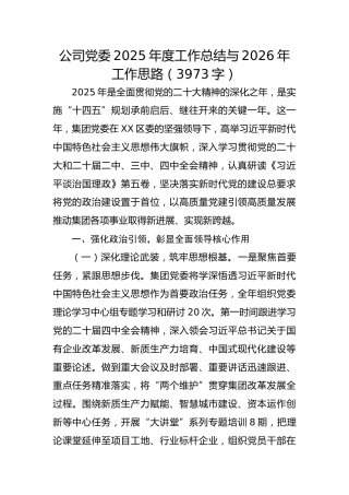 国企党委2025年度工作总结与2026年工作思路