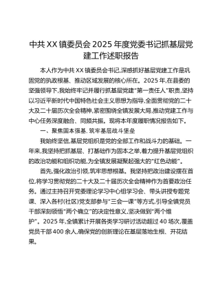 中共XX镇委员会2025年度党委书记抓基层党建工作述职报告