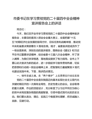 市委书记在学习贯彻党的二十届四中全会精神宣讲报告会上的讲话