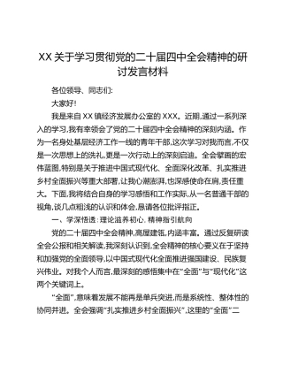 XX关于学习贯彻党的二十届四中全会精神的研讨发言材料_1