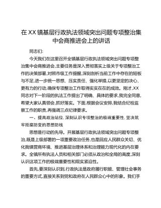 在XX镇基层行政执法领域突出问题专项整治集中会商推进会上的讲话