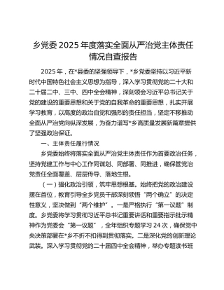 乡党委2025年度落实全面从严治党主体责任情况自查报告