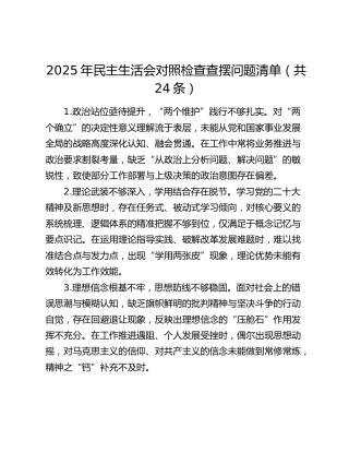 2025年民主生活会对照检查查摆问题清单（共24条）