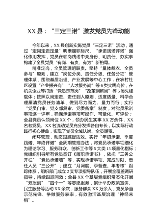 XX县党建工作宣传稿：“三定三诺”激发党员先锋动能