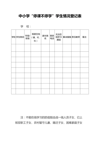中小学“停课不停学”学生情况登记表
