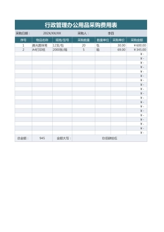 71行政管理办公用品采购费用表