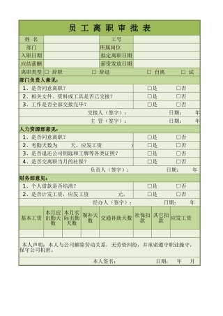 261绿色员工离职审批表excel模板