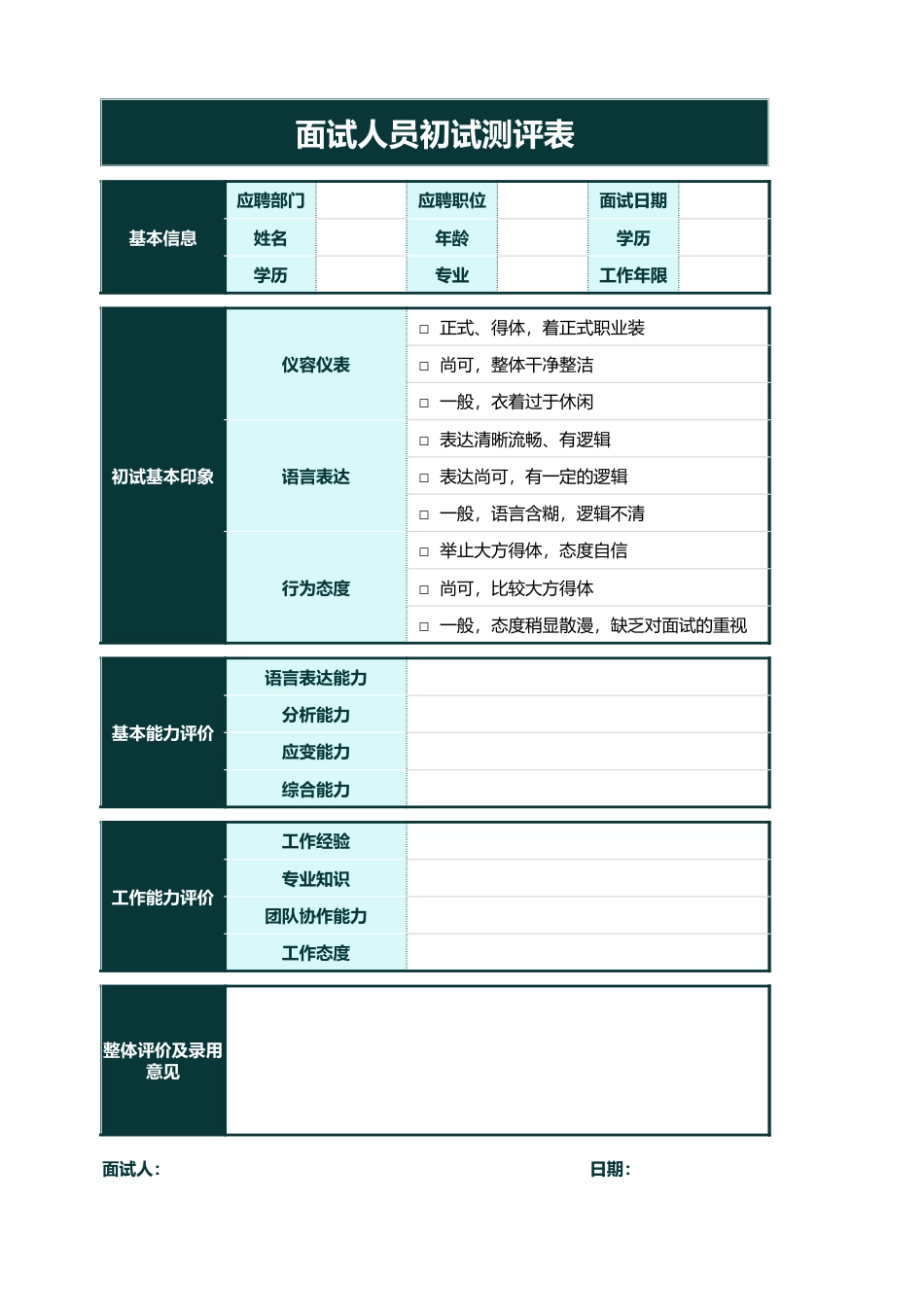 321面试人员初试测评表_第1页