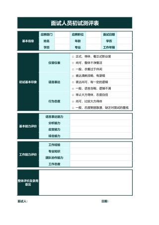 321面试人员初试测评表