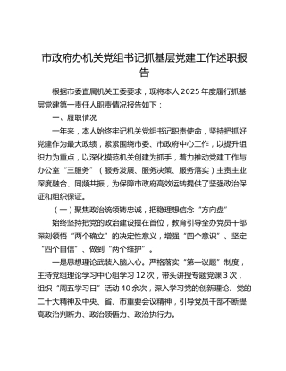 市政府办机关党组书记抓基层党建工作述职报告