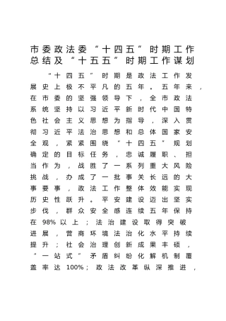 市委政法委“十四五”时期工作总结及“十五五”工作谋划