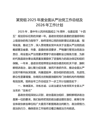 某党组2025年度全面从严治党工作总结及2026年工作计划