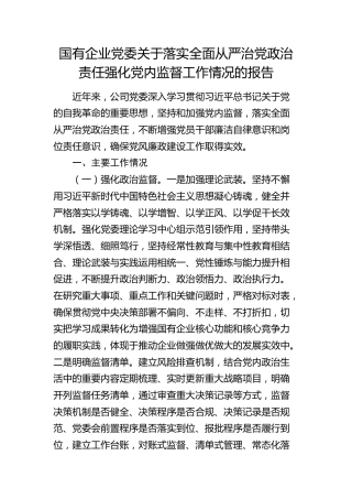 国企公司落实全面从严治党政治责任强化党内监督工作报告