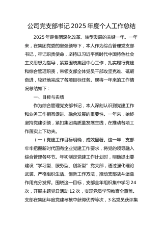 国企党支部书记2025年度个人工作总结（述职）