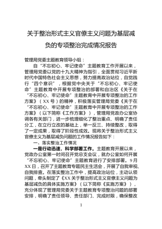 关于整治形式主义官僚主义问题为基层减负的专项整治完成情况报告