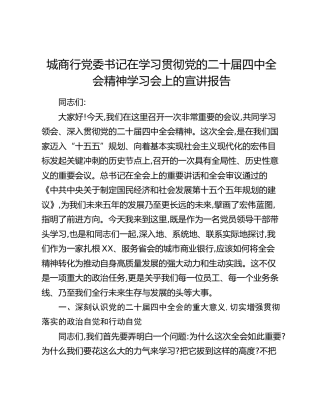 城商行党委书记在学习贯彻党的二十届四中全会精神学习会上的宣讲报告