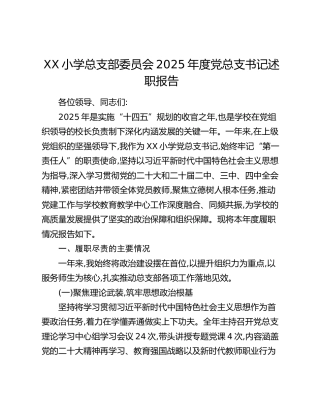 XX小学总支部委员会2025年度党总支书记述职报告
