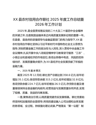 XX县农村信用合作联社2025年度工作总结暨2026年工作计划