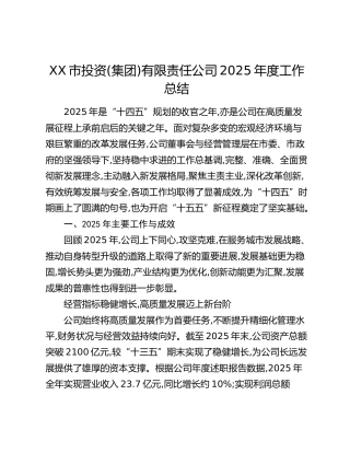 XX市投资(集团)有限责任公司2025年度工作总结