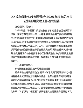 XX实验学校总支部委员会2025年度党总支书记抓基层党建工作述职报告