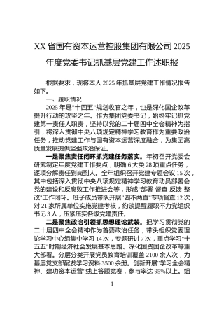XX省国有资本运营控股集团有限公司2025年度党委书记抓基层党建工作述职报