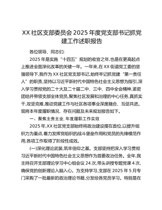 XX社区支部委员会2025年度党支部书记抓党建工作述职报告